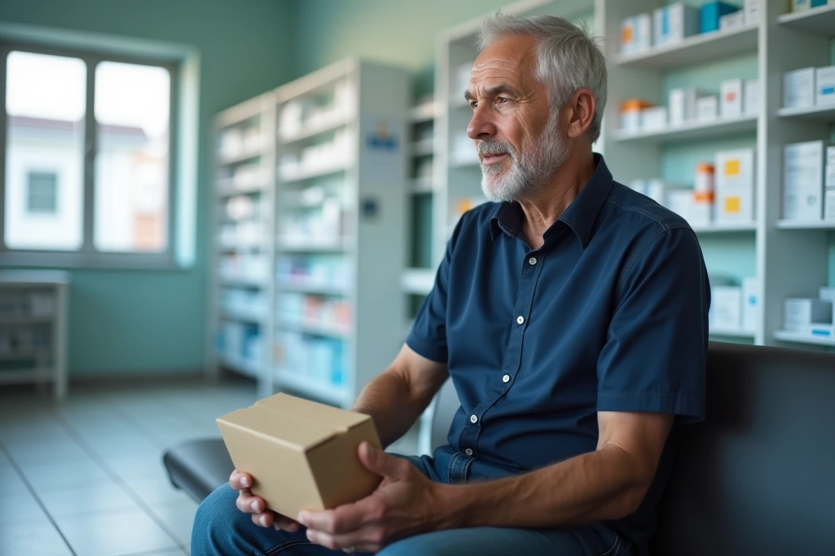 Homme tenant discrètement un kit de test ADN dans une pharmacie moderne