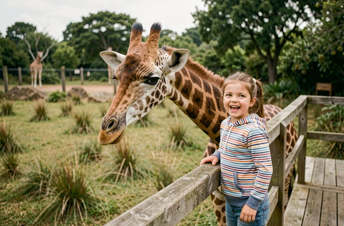Petite fille émerveillée face à une girafe au Wow Safari de Thoiry dans les Yvelines