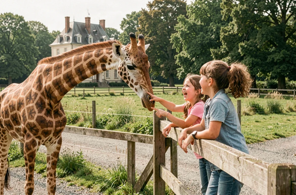 Enfants admirant une girafe au Zoo de la Bourbansais en Ille-et-Vilaine